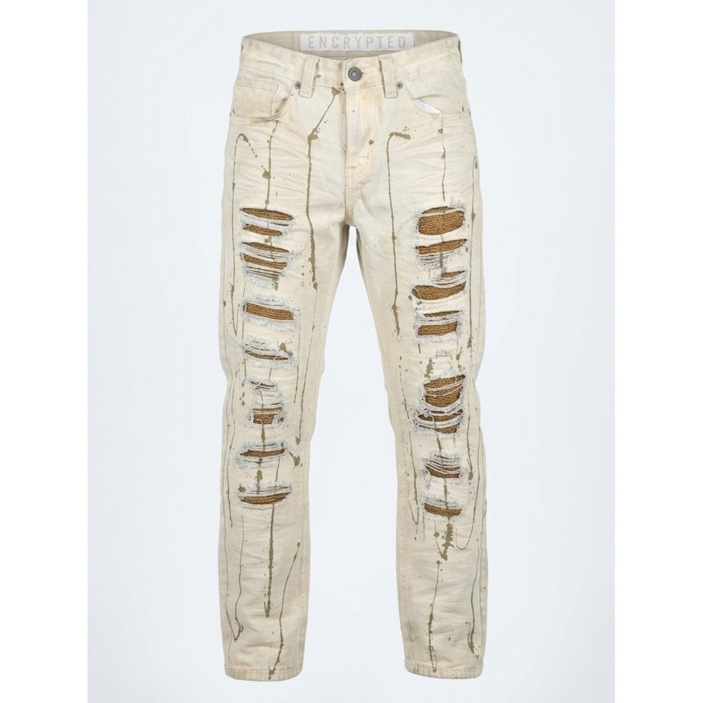 ENCRYPTED Distressed Paint Splatter Jeans - Size 32 - Streetwear Edgy Grunge